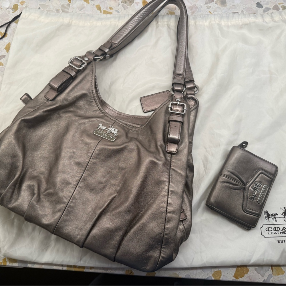 Coach Metallic Silver Shoulder Bag & FREE wallet